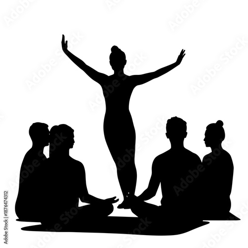 Silhouette of yoga instructor guiding group session with four participants on white background, meditation and mindfulness practice
