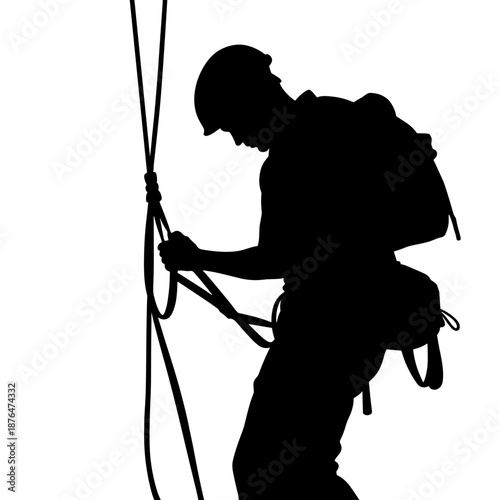 Silhouette of climber adjusting harness on rope, safety gear and preparation in outdoor adventure