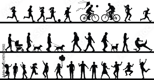 People silhouettes walking, running, cycling, dancing daily life activities outdoor lifestyle illustration set for community movement fitness leisure concept collection