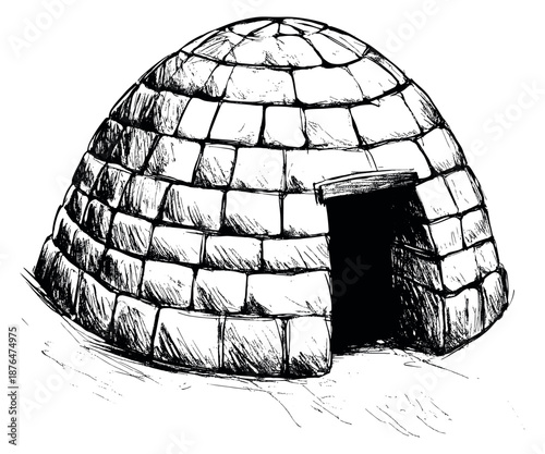 Hand drawn line art illustration of an igloo depicting a traditional ice house for a winter theme