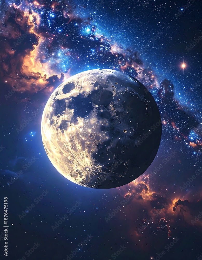 Obraz premium Moon shines brightly against a starry, colorful, and cloudy cosmic backdrop