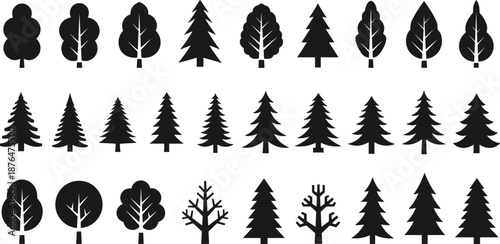 Tree silhouettes collection with deciduous and conifer forest icons isolated on white background nature landscape design elements
