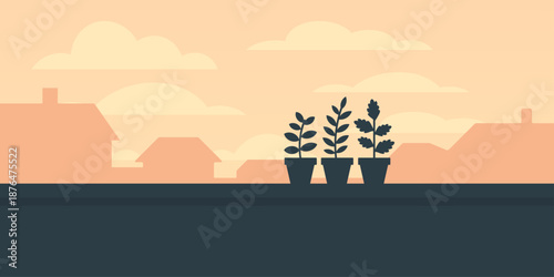 Terrace wall silhouette illustration. Simple rooftop edge form. Small plant pots detail. Layered distant rooftops beyond. Calm everyday rooftop scene.