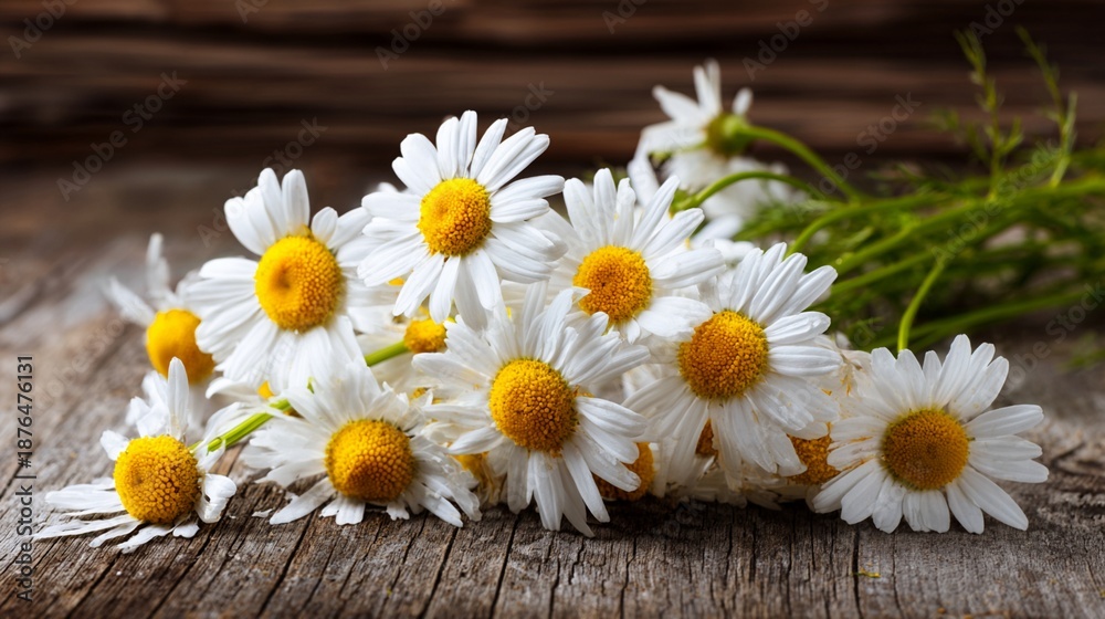 Obraz premium Delicate white chamomile flowers with bright yellow centers scattered on rustic weathered wooden surface, capturing summer's gentle beauty and natural charm