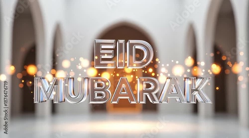 Eid Mubarak celebration with shiny text and blurred mosque background