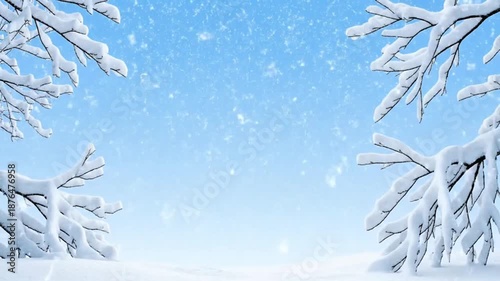 Snow covered tree branches framing clear blue winter sky
