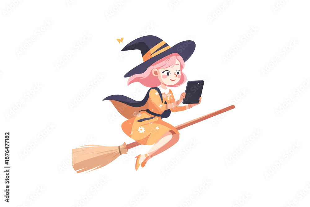 Obraz premium Cartoon witch character illustrated with her hat and broom as part of her simple costume design, made in a playful child style.