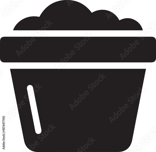 A simple black silhouette icon of a plant pot filled with rich soil, ready for gardening