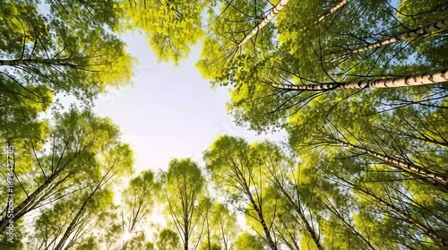 Sunlight filtering through lush green treetops in serene forest