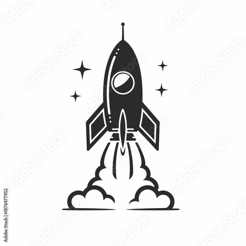 Black and white rocket ship illustration launching into space with stars