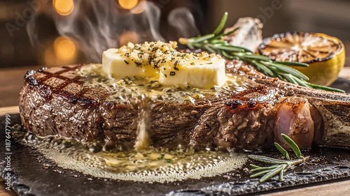 Juicy ribeye sizzles in a skillet, herb butter melting atop, rosemary sprigs nearby plus rich aroma