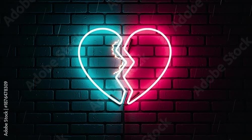 Broken neon heart on brick wall with red and blue light