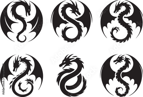 vector illustration, set of round tribal dragon tattoo designs, black and white graphics