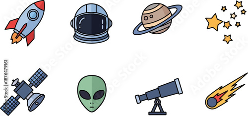 Space Related Cartoon Icons and Symbols.