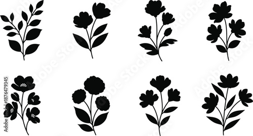 Collection of black floral silhouettes on transparent background