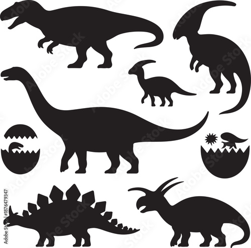 Vector illustration of dinosaur silhouette including Stegosaurus, Brontosaurus, Velociraptor, Triceratops, Tyrannosaurus rex, and Spinosaurus.