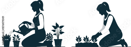 women gardening and planting flowers on transparent background silhouette