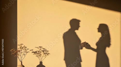 Romantic couple silhouette holding hands with flowers