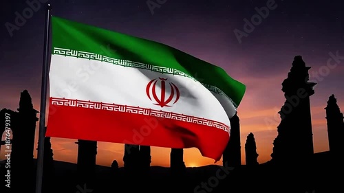 Iranian Flag Waving at Sunset Silhouette.