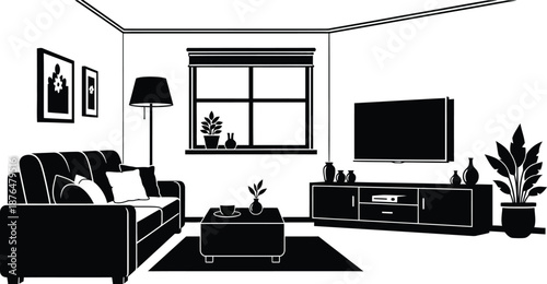 a living room with a couch coffee table and tv on transparent background silhouette