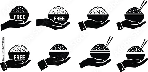 set of hand holding rice bowl silhouette icons on transparent background