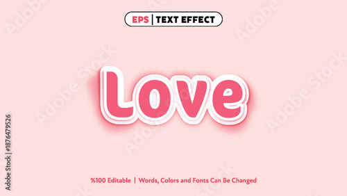 Pink bubbly 3d text effect spelling love with soft shadows on pastel pink background editable colors and fonts modern graphic design style vector art illustration