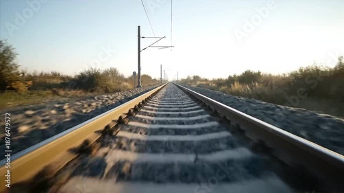 Railway tracks stretching into the distance under a clear sky.