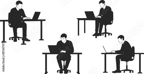 four men working on laptops in different positions silhouette on transparent background