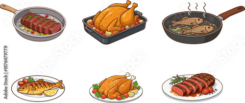 Illustrations of different meat dishes. Cooking methods for chicken, fish, and red meat.