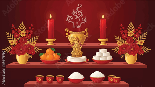 Diwali Festival Decorations with Candles and Offerings.