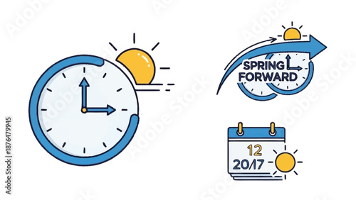 Blue and white clock with sun and spring forward calendar rays