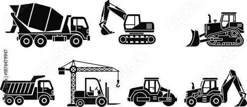 collection of construction vehicles in silhouette style on transparent background