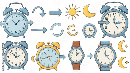 Blue and yellow alarm clocks with sun and moon symbols in a circular sequence blue clock