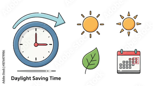 Blue clock with arrow and sun for daylight saving time concept white