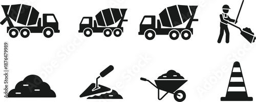 construction icons including cement trucks and worker silhouette on transparent background