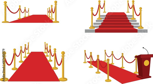 Red carpet event entrance designs with stanchions and ropes on transparent background silhouette