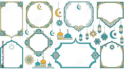 Ornate Islamic geometric patterns with teal and gold colors and mosque minaret