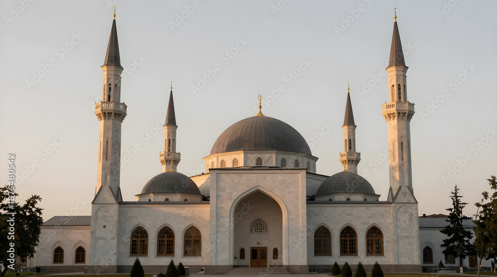 Obraz premium A large white mosque with multiple domes and minarets standing tall against a clear sky