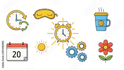 Colorful of daily routine with clock alarm coffee and gears