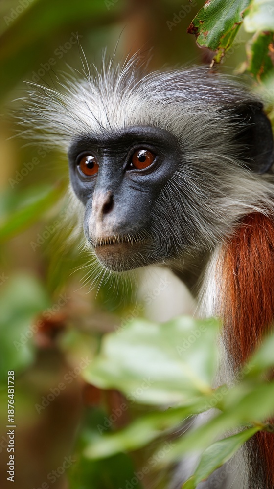 Obraz premium Rare colobus monkey with striking silver-white fur and reddish coat peering intently through lush green foliage with deep, expressive brown eyes