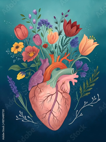Vibrant flowers blooming out of a human heart symbolizing love and health