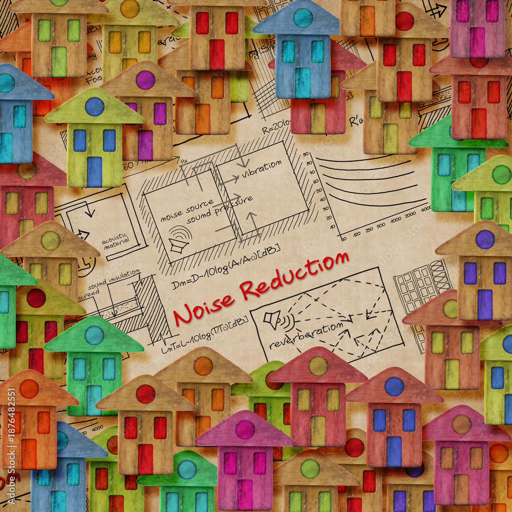 Obraz premium Noise reduction solutions in residential district with formulas about noise reduction in buildings - concept image