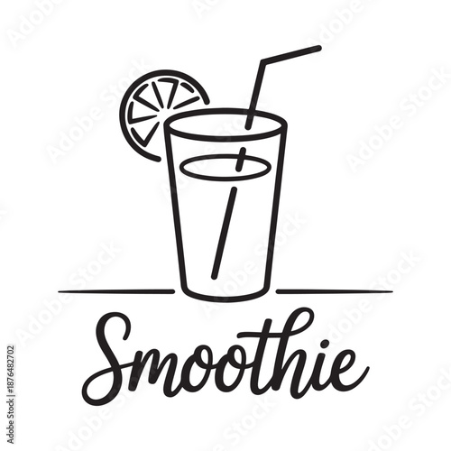 a black and white drawing of a smoothie with a straw and lemon
