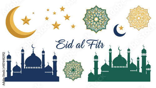 Eid al Fitr celebration with mosque silhouettes and decorative Islamic architecture