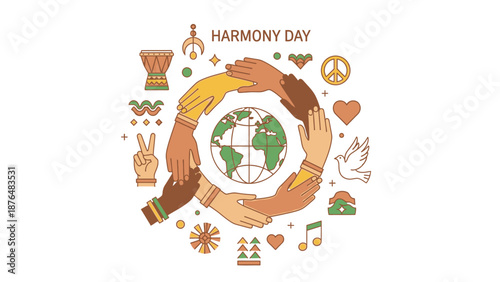 Hands of different colors holding a globe with harmony symbols around harmony day
