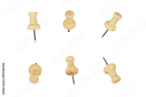 set of wooden push pins in various positions isolated on white or transparent png