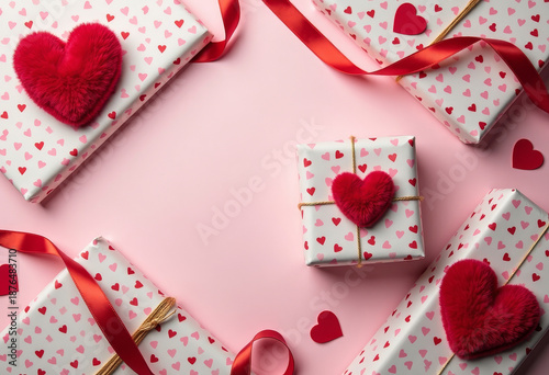Valentine gift wrapping paper details, flat lay, soft daylight