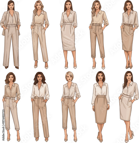 Create a kinds of deferent realistic Woman in a stylish beige outfit posing with hands in her pockets vector art with white background..
