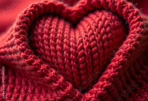 Red knitted fabric folded into heart shape, cozy hygge style