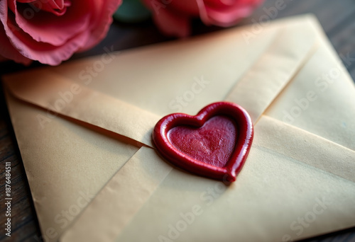 Heart shaped wax seal on handmade envelope, vintage romance